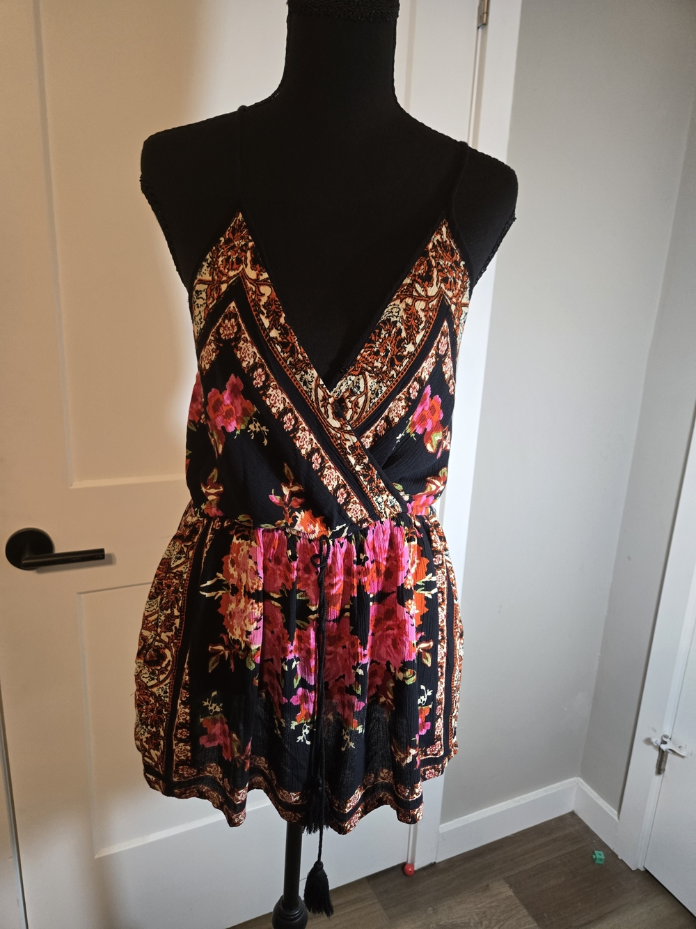 Band of Gypsies Black Floral Wrap-Front Spaghetti Strap Top